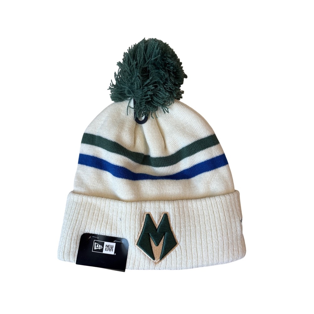 New Era Milwaukee Bucks Beanie Unisex Cream Green Striped Pom NWT SIZE OSFA